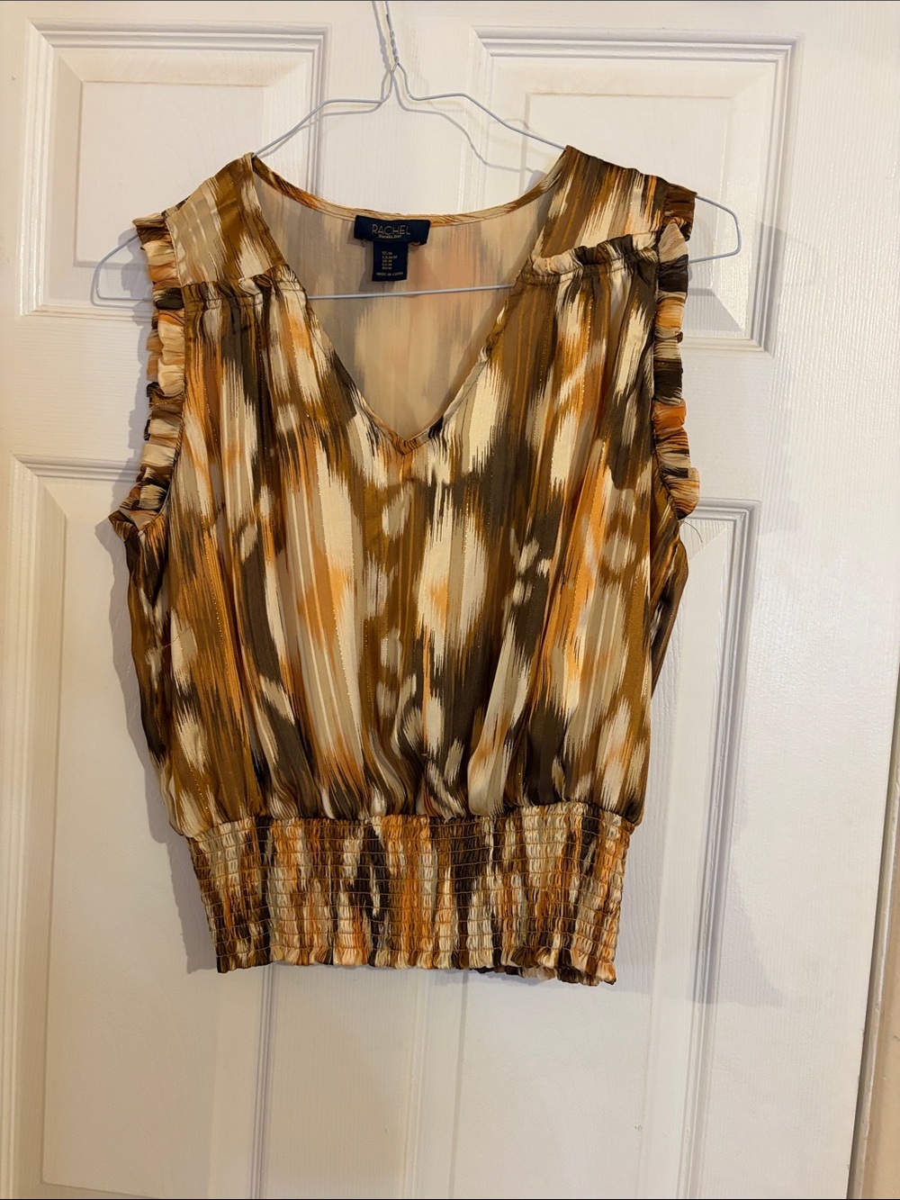 RACHEL Rachel Roy Brown and Gold Abstract Print Smocked Hem Camisole